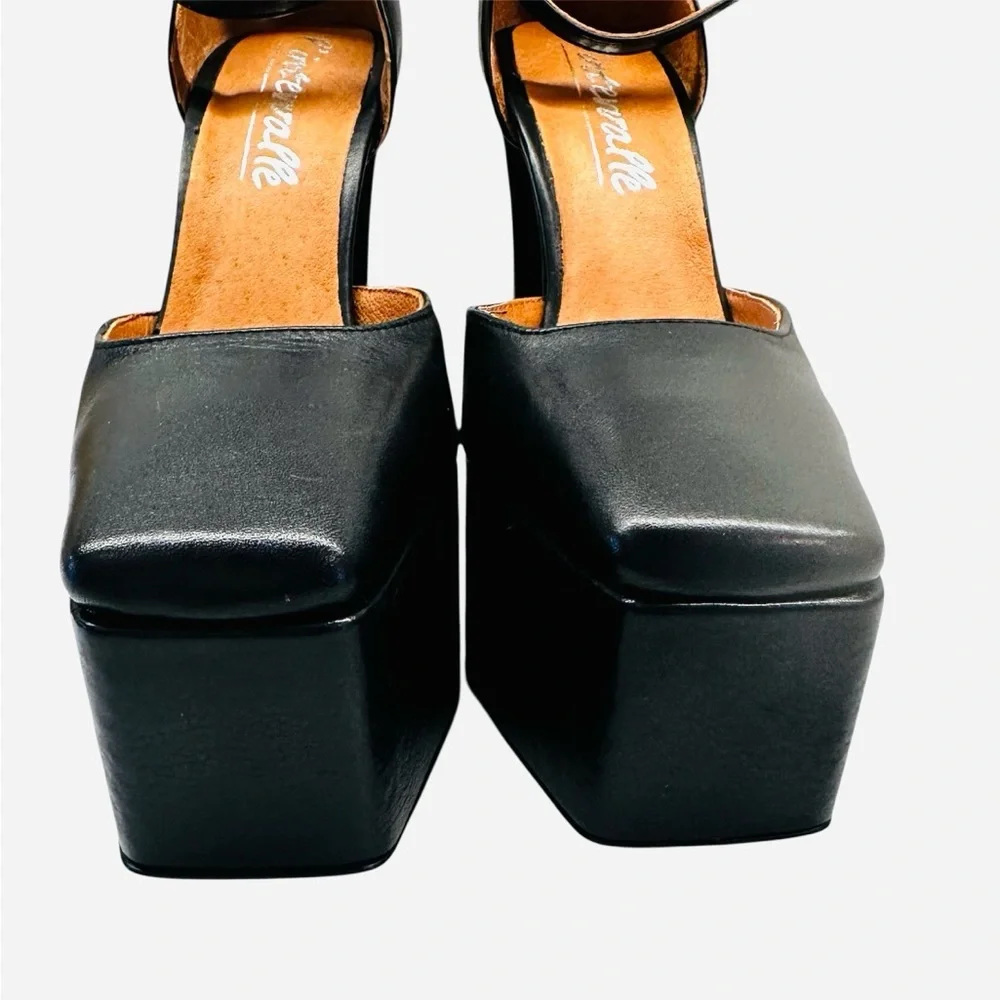 L'INTERVALLE Cabaret Black Leather Platform Shoes Block Heels square toe size 37 - Picture 5 of 13